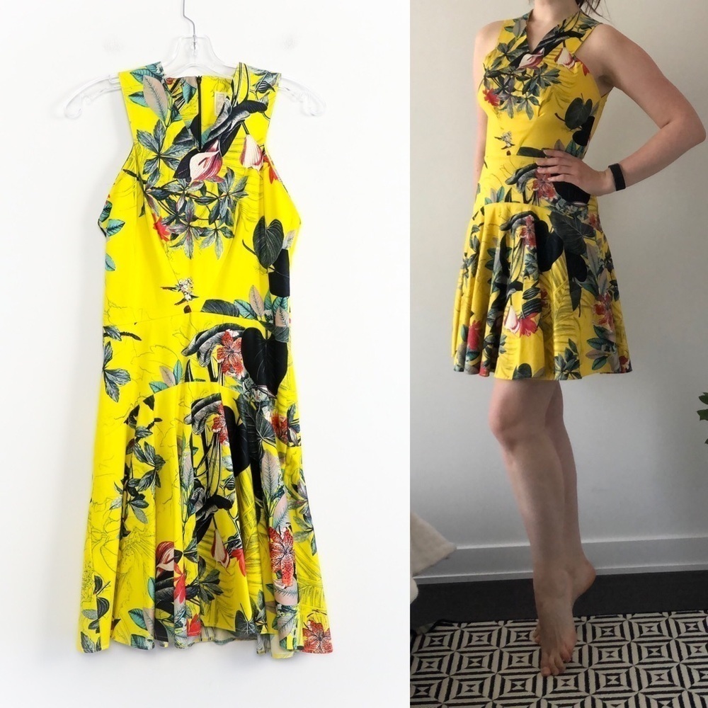 3rd Floor Studio yellow floral print dress tropical skater cocktail party event